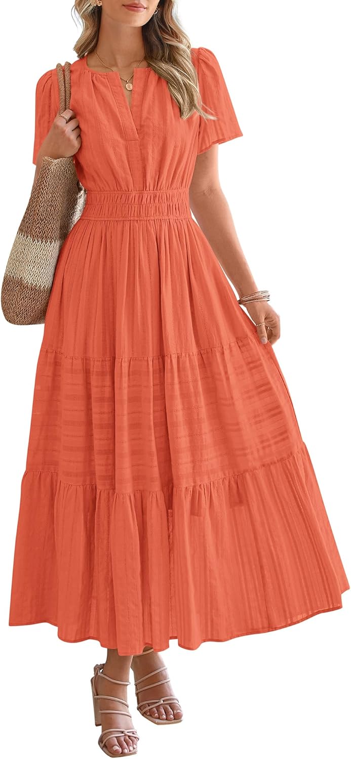 BTFBM Womens Summer 2026 Casual Midi Maxi Dresses Lightweight Short Sleeve V Neck Elastic Waist Boho Beach Dress Pockets