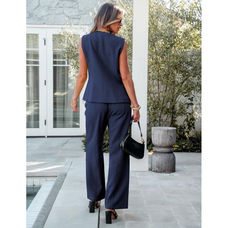 luvamia Vest Pants Suits for Women Dressy 2 Piece Business Casual Outfits Sleeveless Blazer Wide Leg Pants Pantsuit Sets