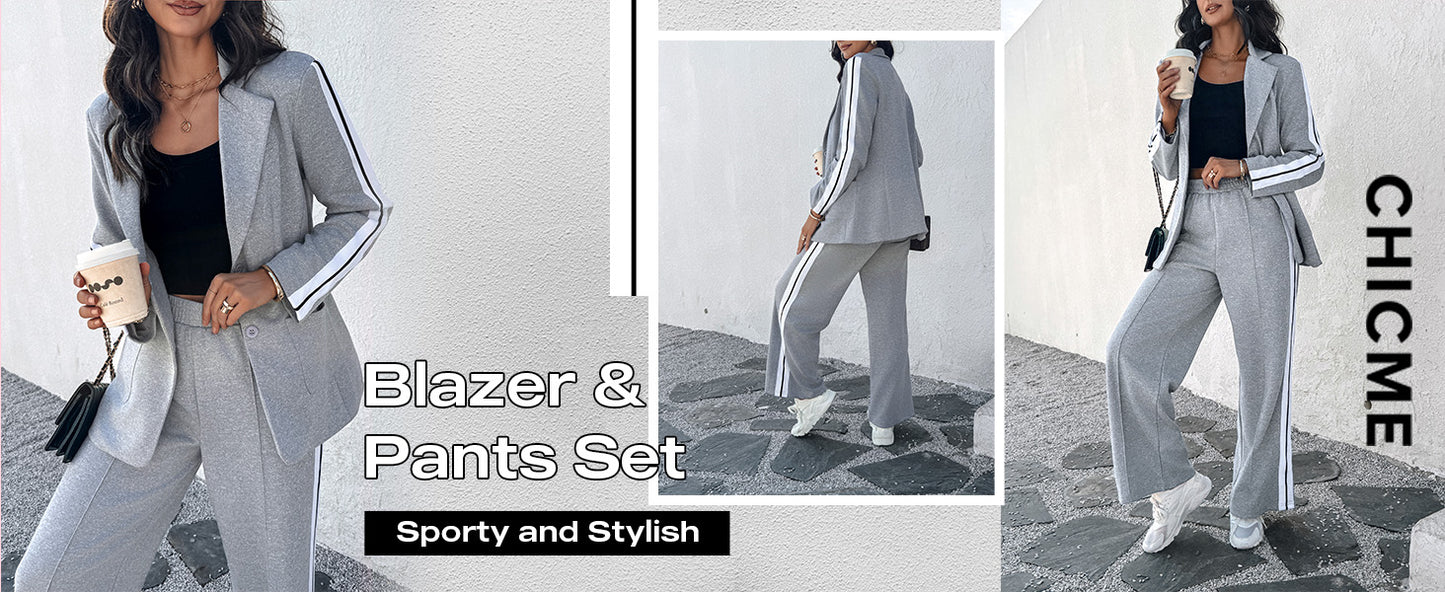 CHICME Womens Two Piece Outfits Striped Side Button Blazer and Pants with Pockets Sets Business Casual Pant Suits Set