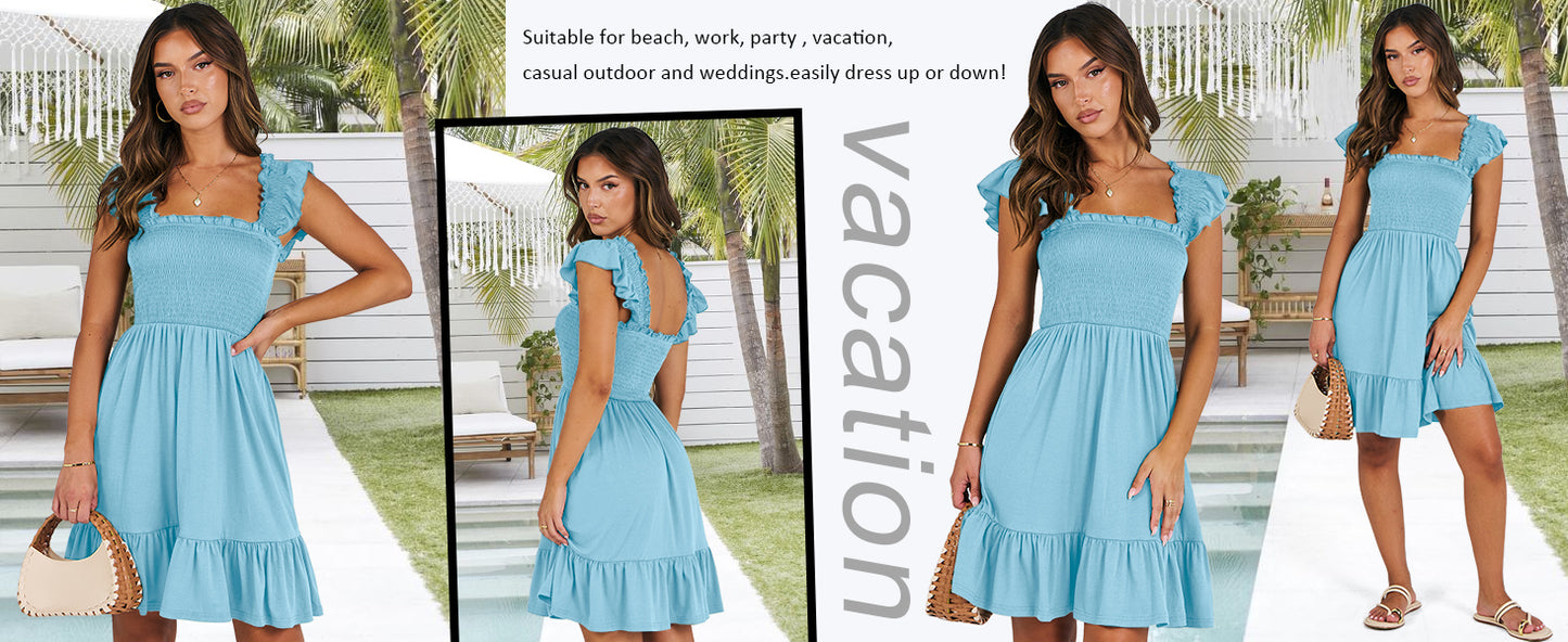 ANRABESS Women's Summer Casual Sleeveless Square Neck Dress 2026 Smocked Ruffle Backless Boho Beach Cute Teen Short Sundress