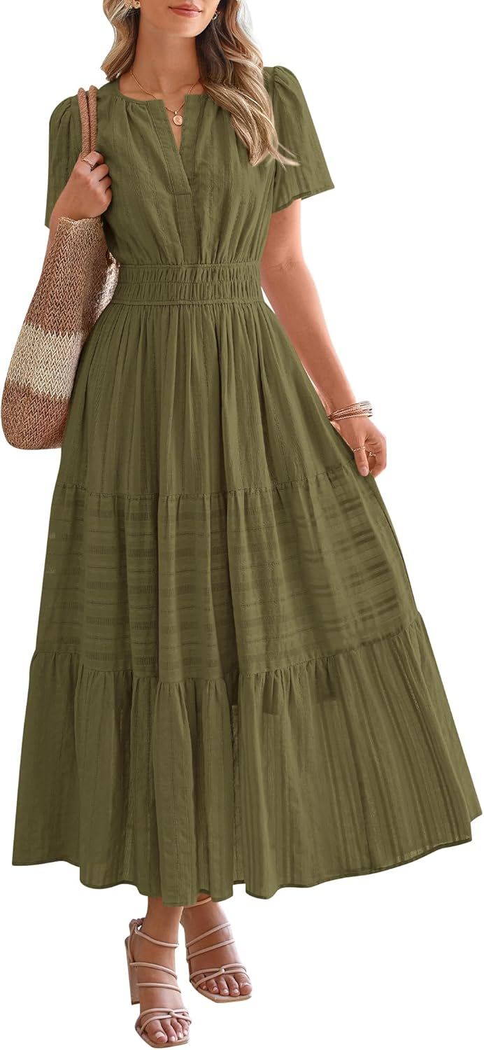BTFBM Womens Summer 2026 Casual Midi Maxi Dresses Lightweight Short Sleeve V Neck Elastic Waist Boho Beach Dress Pockets