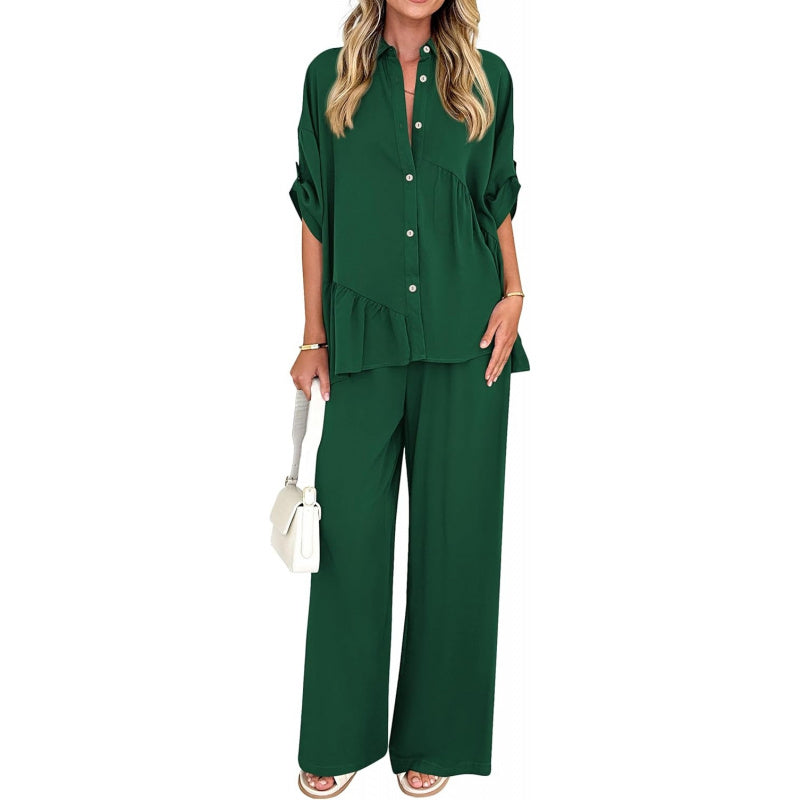 KIRUNDO Two Piece Sets for Women Spring Outfits 2026 Summer Fall Dressy Casual Button Down Shirt Wide Leg Pants Lounge Set