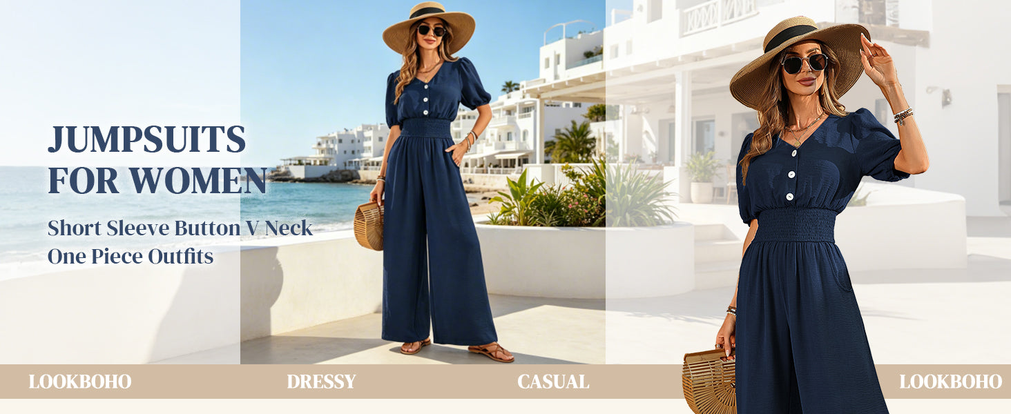 LOOKBOHO Womens Jumpsuits Short Sleeve V Neck Dressy Casual Wide Leg Pants Romper 2026 Summer One Piece Outfits