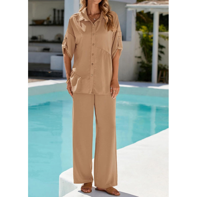 KIRUNDO Two Piece Sets for Women Spring Outfits 2026 Summer Fall Dressy Casual Button Down Shirt Wide Leg Pants Lounge Set