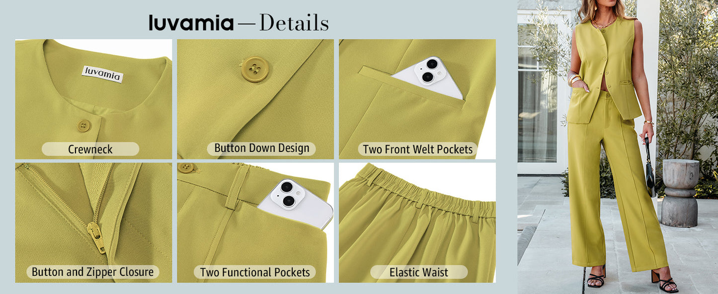 luvamia Vest Pants Suits for Women Dressy 2 Piece Business Casual Outfits Sleeveless Blazer Wide Leg Pants Pantsuit Sets