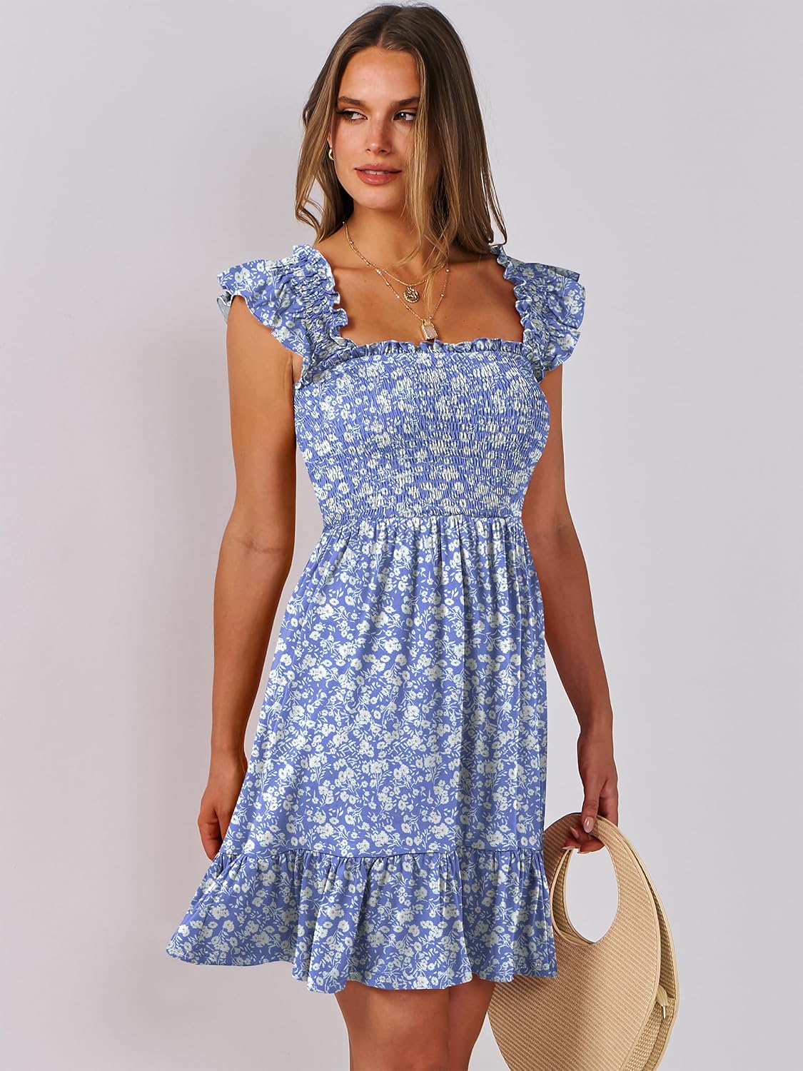 ANRABESS Women's Summer Casual Sleeveless Square Neck Dress 2026 Smocked Ruffle Backless Boho Beach Cute Teen Short Sundress