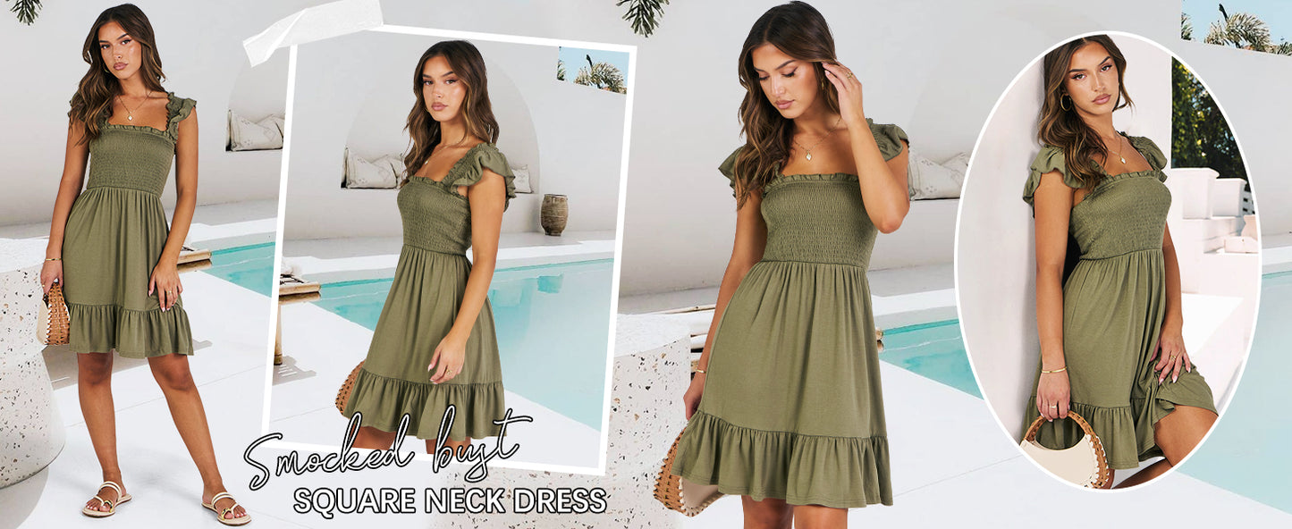 ANRABESS Women's Summer Casual Sleeveless Square Neck Dress 2026 Smocked Ruffle Backless Boho Beach Cute Teen Short Sundress