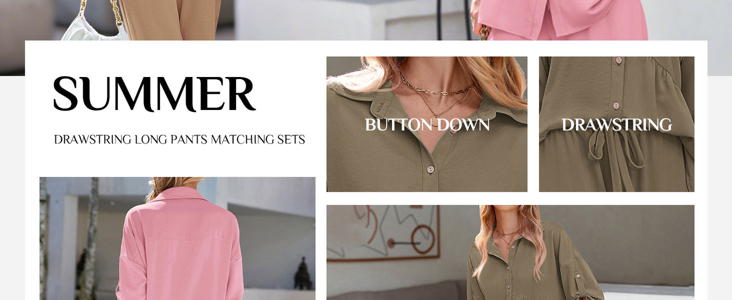 KIRUNDO Two Piece Sets for Women Spring Outfits 2026 Summer Fall Dressy Casual Button Down Shirt Wide Leg Pants Lounge Set