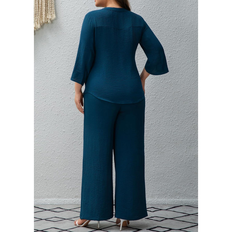 Pants Suits for Women Dressy Plus Size 2 Piece Sets 3/4 Sleeve Blouse Wide Leg Pant for Business Casual & Daily Wear