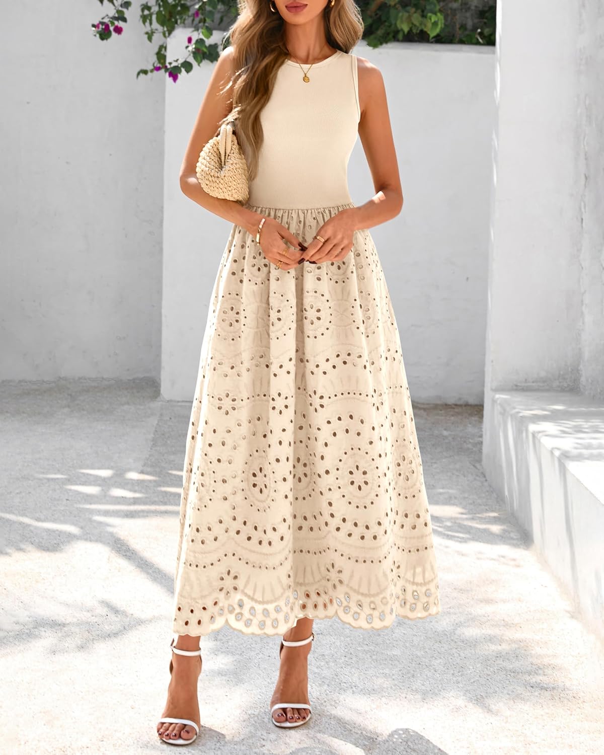 dowerme Women Summer Dresses 2026 Casual Sleeveless Crewneck A-Line Boho Lace Eyelet Cotton Tank Maxi Dress with Pockets