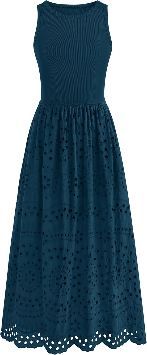 dowerme Women Summer Dresses 2026 Casual Sleeveless Crewneck A-Line Boho Lace Eyelet Cotton Tank Maxi Dress with Pockets