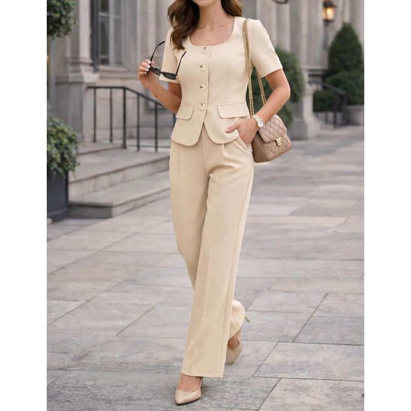 ZESICA Women's Summer Two Pieces Suits Set 2026 Short Sleeve Blazer Wide Leg Pants Business Casual Outfits Sets