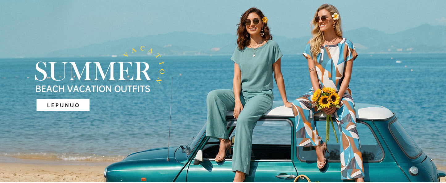 Lepunuo 2 Piece Sets for Women Summer Cap Sleeve Crop Top Wide Leg Pants Matching Lounge Set Vacation Beach Travel Outfits