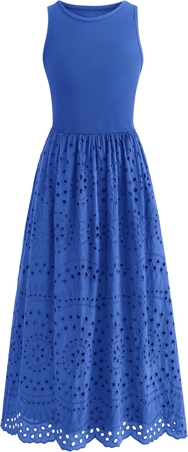 dowerme Women Summer Dresses 2026 Casual Sleeveless Crewneck A-Line Boho Lace Eyelet Cotton Tank Maxi Dress with Pockets