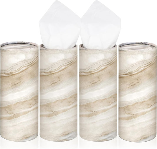 Geyoga 4 Pack Car Tissue Holder Marble Print Car Tissues Cylinder Round Paper Boxes with 50 Facial Paper Towel Per Box for Brown Refill Round Container for Home Office Travel Gift(Brown)