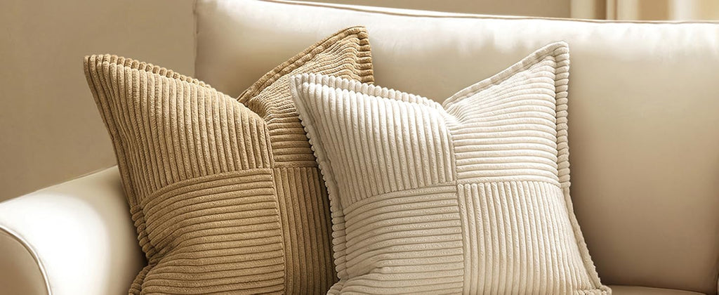 MIULEE Decorative Throw Pillow Covers for Couch Bed Livingroom 18x18 Inch Set of 2 Beige Boho Accent Throw Pllows Broadside Striped Patchwork Soft Corduroy Pillowcases