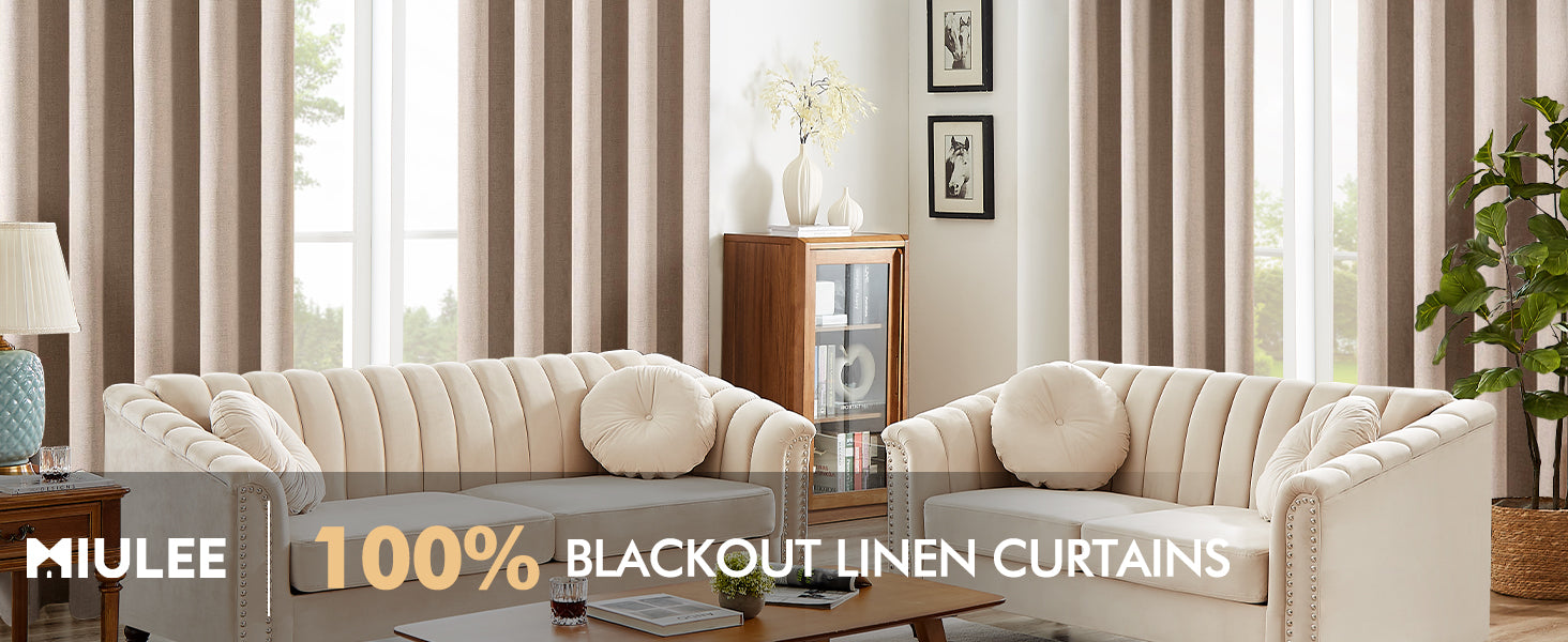 100% Blackout Linen Textured Curtains for Bedroom Solid Thermal Insulated Natural Beige Grommet Room Darkening Curtains & Drapes Luxury Decor for Living Room Nursery 52 x 84 Inch (2 Panels)