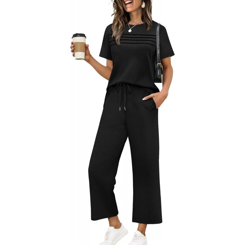 WIHOLL Two Piece Sets for Women Summer Spring Travel Vacation Outfits Short Sleeve Lounge Sets Side Slit Wide Leg Pants S-3XL