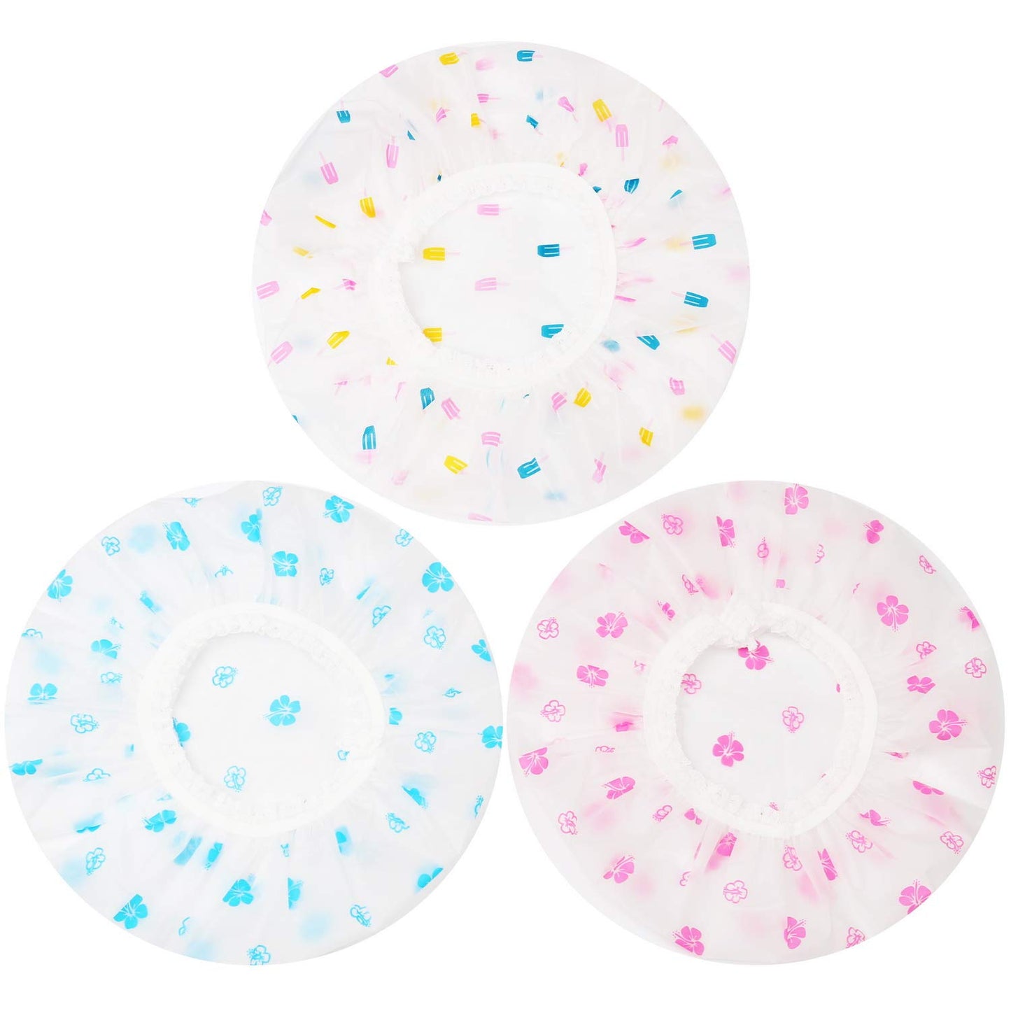Shower Caps, 3 Pcs Plastic Reusable Shower Caps Elastic Band Bath Caps for Women Ladies Spa Salon