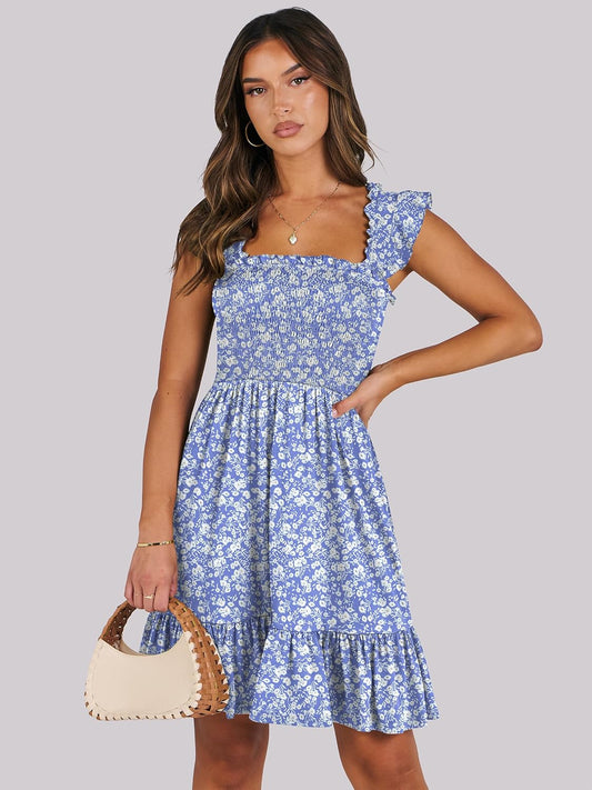 ANRABESS Women's Summer Casual Sleeveless Square Neck Dress 2026 Smocked Ruffle Backless Boho Beach Cute Teen Short Sundress