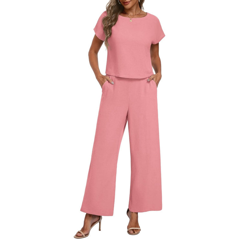 Lepunuo 2 Piece Sets for Women Summer Cap Sleeve Crop Top Wide Leg Pants Matching Lounge Set Vacation Beach Travel Outfits