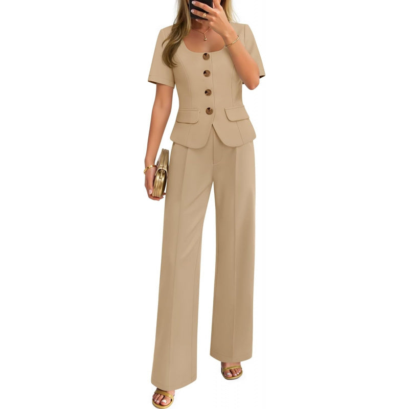 ZESICA Women's Summer Two Pieces Suits Set 2026 Short Sleeve Blazer Wide Leg Pants Business Casual Outfits Sets