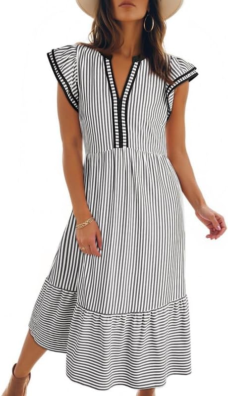 Dokotoo Womens Dresses 2026 Summer V-Neck Ruffle Cap Sleeve Empire Waist Flowy Striped Beach Midi Maxi Dress with Pockets