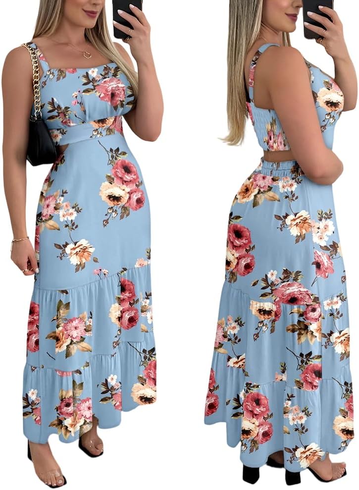 CHICME Summer Dresses for Women 2026 Sleeveless Casual Boho Maxi Dress Square Neck Cut Out Floral A Line Dress