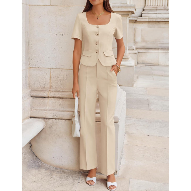 ZESICA Women's Summer Two Pieces Suits Set 2026 Short Sleeve Blazer Wide Leg Pants Business Casual Outfits Sets