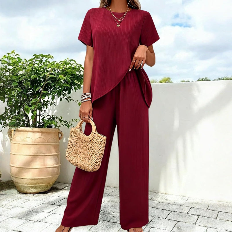 Pants Suits for Women Dressy Casual Summer Outfits 2026 Short Sleeve Ruffle Layered Tops Wide Leg Pants Matching Set