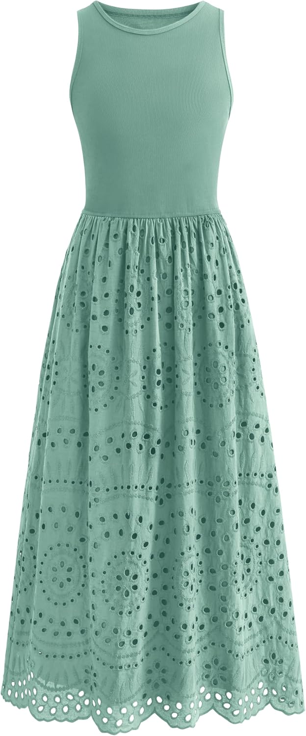 dowerme Women Summer Dresses 2026 Casual Sleeveless Crewneck A-Line Boho Lace Eyelet Cotton Tank Maxi Dress with Pockets