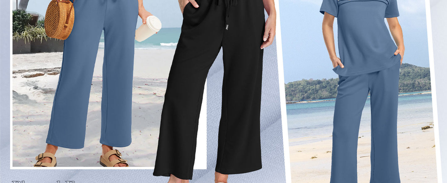 WIHOLL Two Piece Sets for Women Summer Spring Travel Vacation Outfits Short Sleeve Lounge Sets Side Slit Wide Leg Pants S-3XL