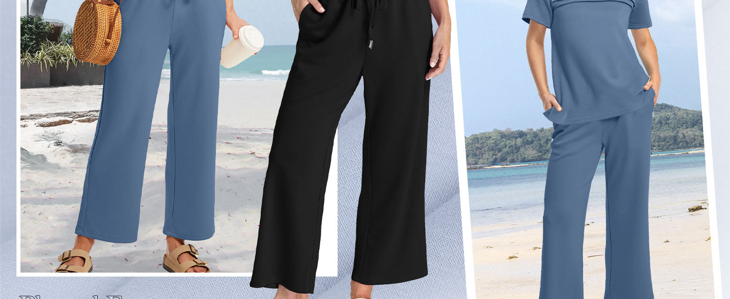 WIHOLL Two Piece Sets for Women Summer Spring Travel Vacation Outfits Short Sleeve Lounge Sets Side Slit Wide Leg Pants S-3XL