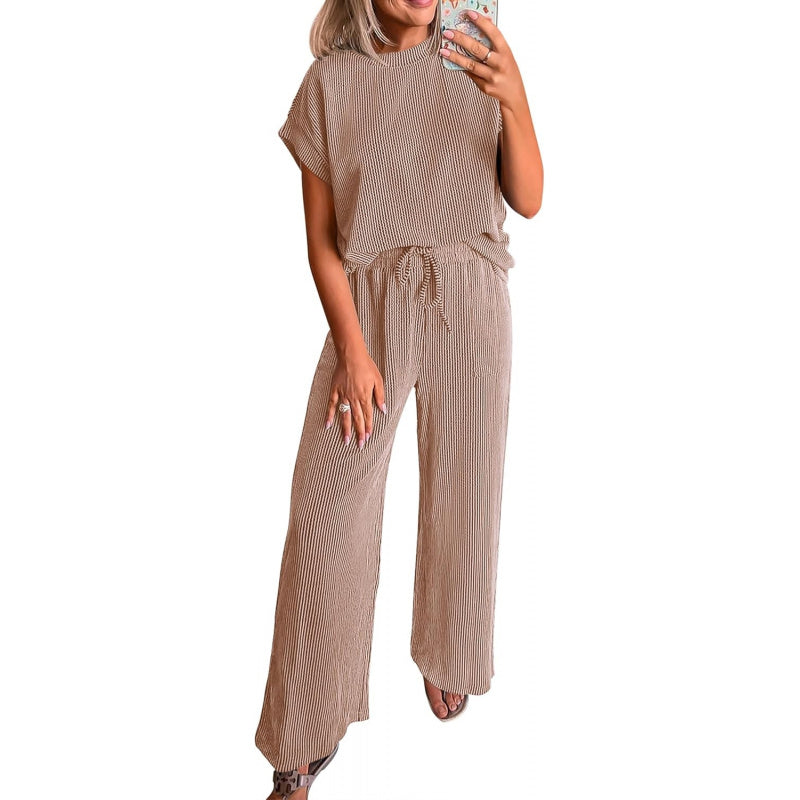 KIRUNDO 2 Piece Sets for Women Dressy Casual Ribbed Knit Short Sleeve Tops Wide Leg Pants Lounge Set Travel Airport Outfits