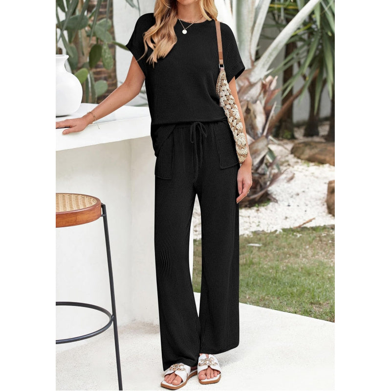 KIRUNDO 2 Piece Sets for Women Dressy Casual Ribbed Knit Short Sleeve Tops Wide Leg Pants Lounge Set Travel Airport Outfits