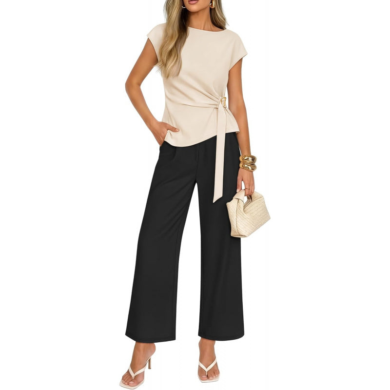 ZESICA Women's 2026 Summer 2 Piece Outfit Sets Casual Short Sleeve Knit Belted Tops and Wide Leg Pants Work Office Clothes