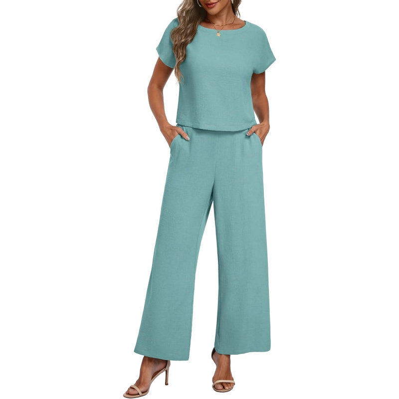 Lepunuo 2 Piece Sets for Women Summer Cap Sleeve Crop Top Wide Leg Pants Matching Lounge Set Vacation Beach Travel Outfits
