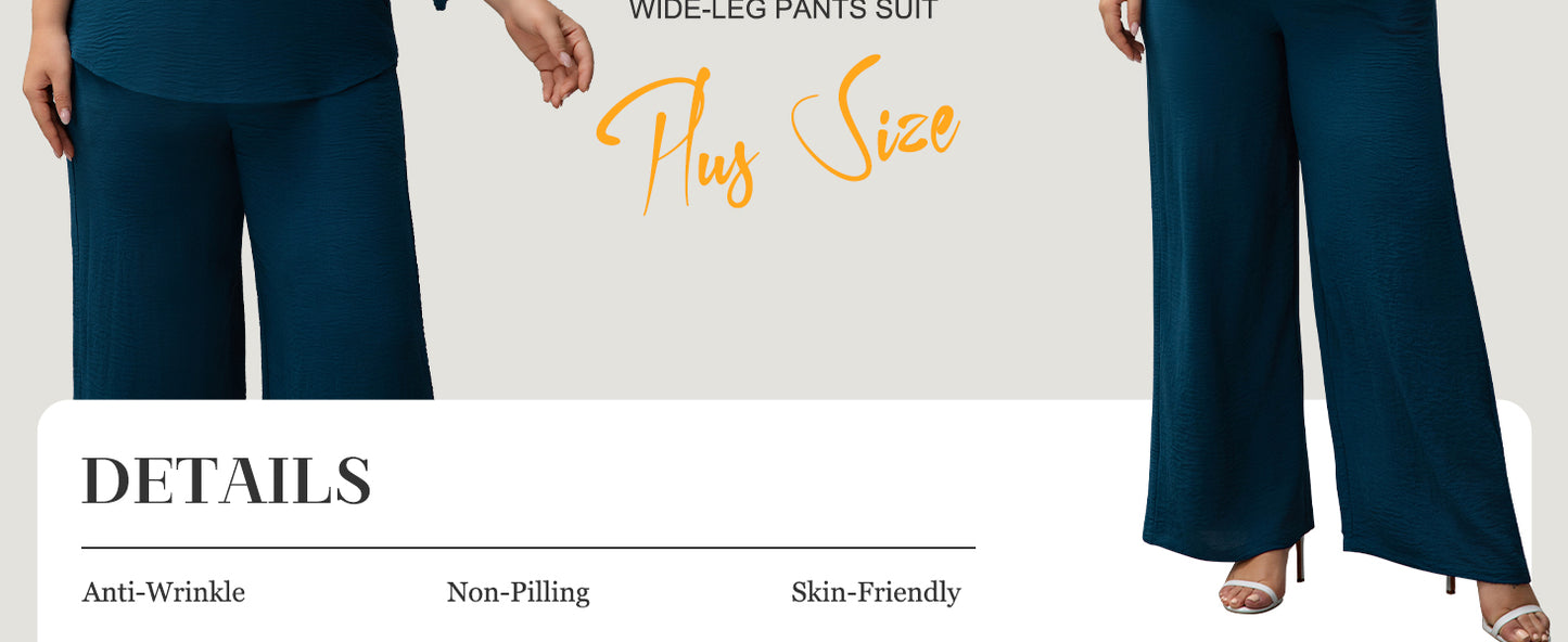 Pants Suits for Women Dressy Plus Size 2 Piece Sets 3/4 Sleeve Blouse Wide Leg Pant for Business Casual & Daily Wear