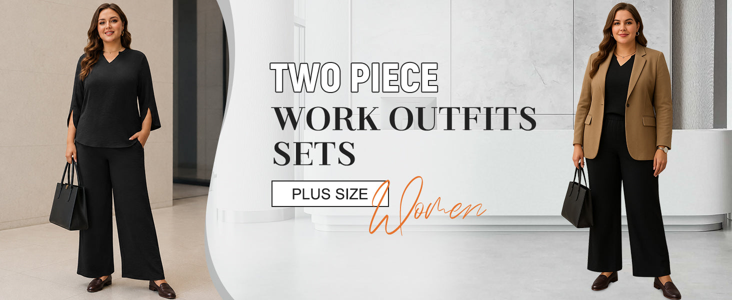 Pants Suits for Women Dressy Plus Size 2 Piece Sets 3/4 Sleeve Blouse Wide Leg Pant for Business Casual & Daily Wear