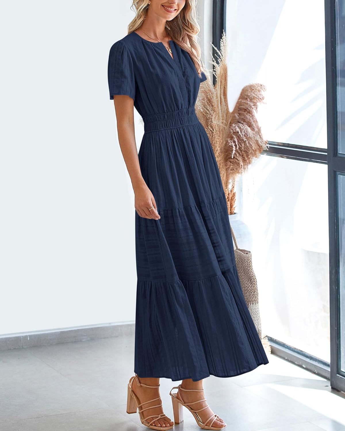 BTFBM Womens Summer 2026 Casual Midi Maxi Dresses Lightweight Short Sleeve V Neck Elastic Waist Boho Beach Dress Pockets