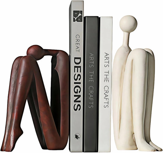 Resin Book Ends, Abstract Thinker Modern Minimalist Decorative Sculpture Bookends, Non-Slip Heavy Duty Bookends for Shelves for Home Office Shelves Desk, Set of 2 (Brown & White)