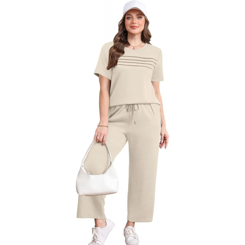 WIHOLL Two Piece Sets for Women Summer Spring Travel Vacation Outfits Short Sleeve Lounge Sets Side Slit Wide Leg Pants S-3XL