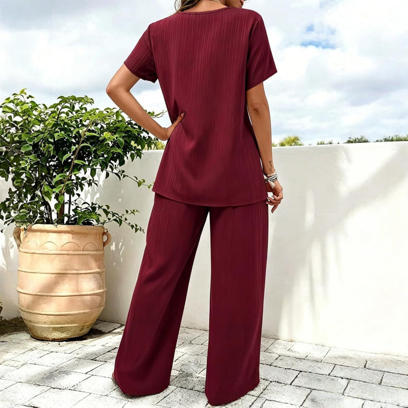 Pants Suits for Women Dressy Casual Summer Outfits 2026 Short Sleeve Ruffle Layered Tops Wide Leg Pants Matching Set