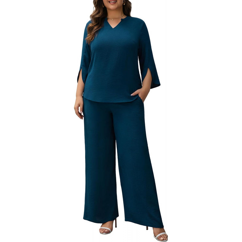 Pants Suits for Women Dressy Plus Size 2 Piece Sets 3/4 Sleeve Blouse Wide Leg Pant for Business Casual & Daily Wear