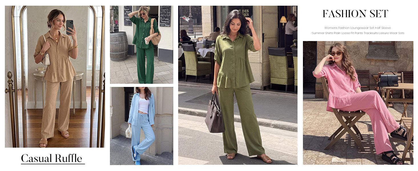 KIRUNDO Two Piece Sets for Women Spring Outfits 2026 Summer Fall Dressy Casual Button Down Shirt Wide Leg Pants Lounge Set