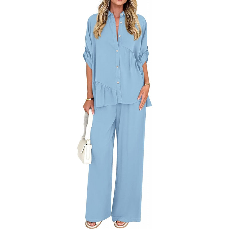 KIRUNDO Two Piece Sets for Women Spring Outfits 2026 Summer Fall Dressy Casual Button Down Shirt Wide Leg Pants Lounge Set