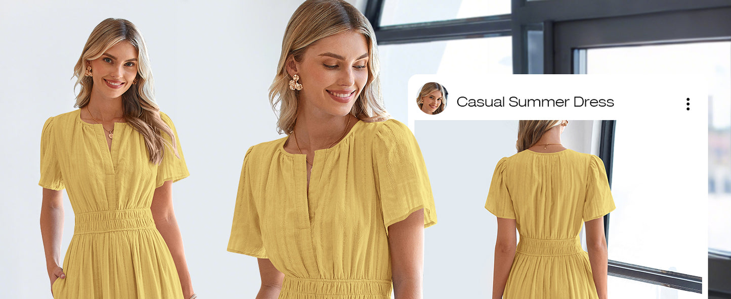 BTFBM Womens Summer 2026 Casual Midi Maxi Dresses Lightweight Short Sleeve V Neck Elastic Waist Boho Beach Dress Pockets