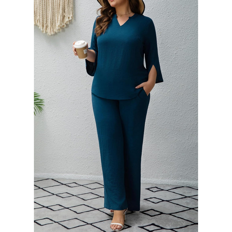 Pants Suits for Women Dressy Plus Size 2 Piece Sets 3/4 Sleeve Blouse Wide Leg Pant for Business Casual & Daily Wear