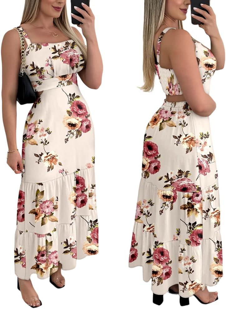 CHICME Summer Dresses for Women 2026 Sleeveless Casual Boho Maxi Dress Square Neck Cut Out Floral A Line Dress
