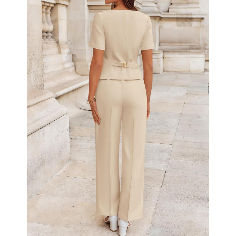 ZESICA Women's Summer Two Pieces Suits Set 2026 Short Sleeve Blazer Wide Leg Pants Business Casual Outfits Sets
